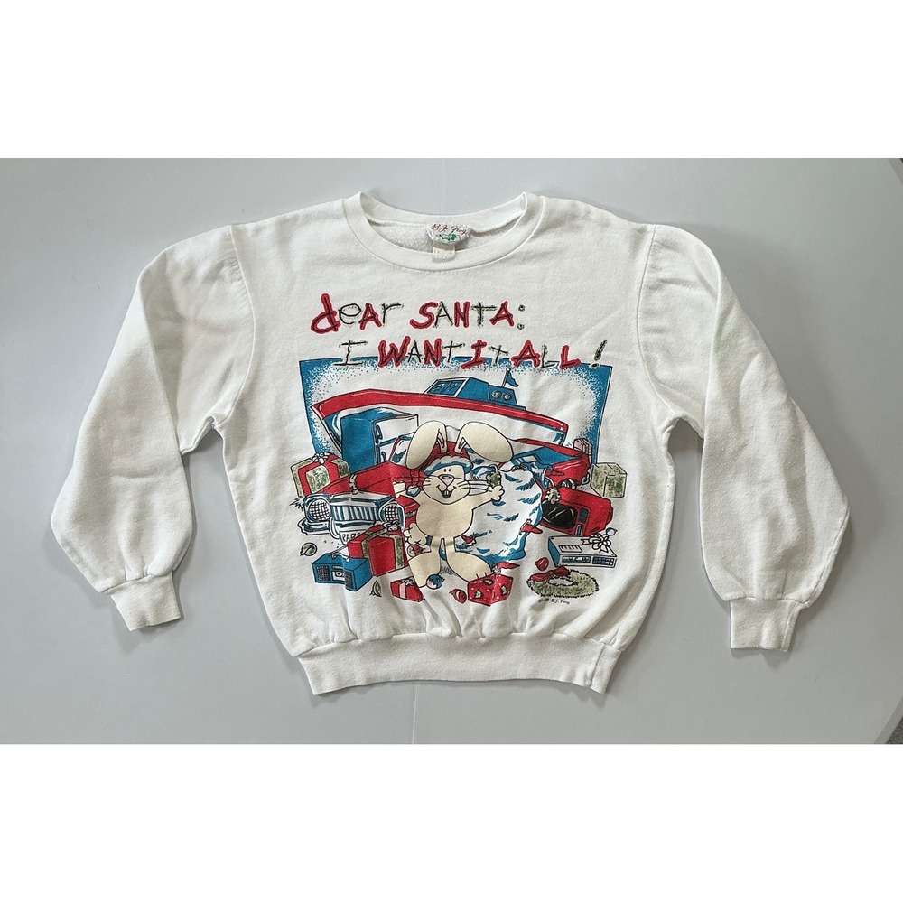 VTG 80s USA Made BJ Frog Christmas Granny Sweatshirt Women M White Dear Santa